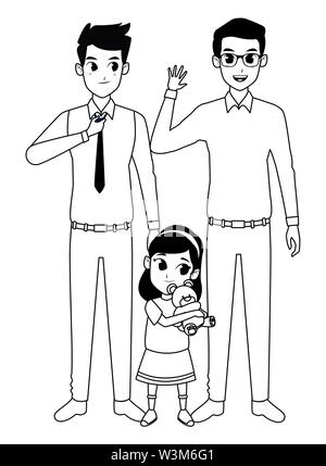 Les parents de famille et enfants dessins animés en noir et blanc Illustration de Vecteur