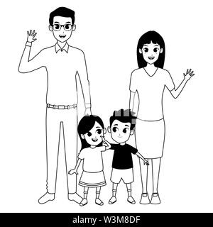 Les parents de famille et enfants dessins animés en noir et blanc Illustration de Vecteur