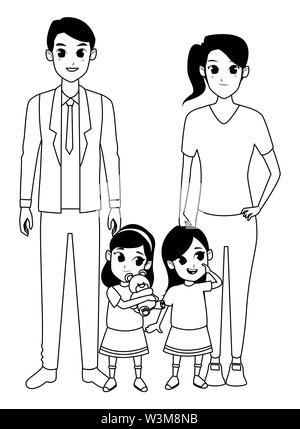 Les parents de famille et enfants dessins animés en noir et blanc Illustration de Vecteur