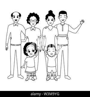 Les parents de famille et enfants dessins animés en noir et blanc Illustration de Vecteur