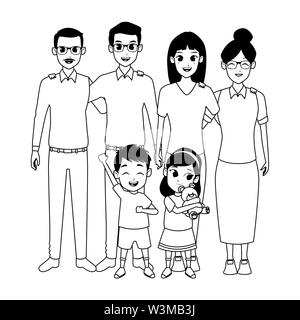 Les parents de famille et enfants dessins animés en noir et blanc Illustration de Vecteur