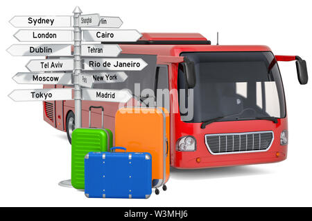 Bus voyage concept. Bus avec valises et signpost, rendu 3D isolé sur fond blanc Banque D'Images