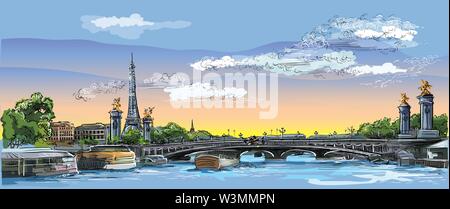 Colorful vector dessin Illustration de la Tour Eiffel, monument de Paris, France. Paysage panoramique avec la Tour Eiffel et le Pont Alexandre III, vi Illustration de Vecteur