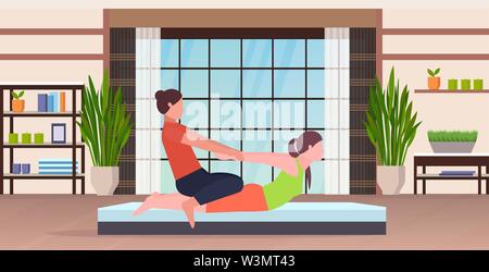 Entraîneur personnel féminin faisant des exercices d'étirement avec instructeur de conditionnement physique de fille femme aider à étirer les muscles concept d'entraînement yoga studio moderne Illustration de Vecteur