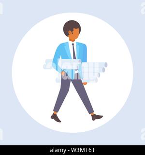 Man architect holding rolled up blueprints nouveau projet de déplacement de l'ingénieur de l'industrie de la construction entrepreneur concept architecture architecture avec Illustration de Vecteur