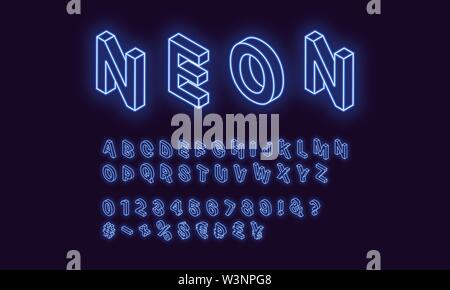 Alphabet isométrique Néon, la couleur bleue. Police vectorielle néon avec ensemble de lettres rougeoyant isométrique, chiffres, devises et différents signes et symboles. Vect Illustration de Vecteur