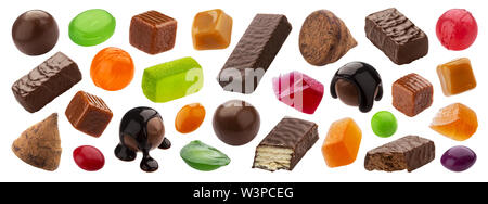 Jelly divers bonbons, sucettes au caramel, isolé sur fond blanc Banque D'Images