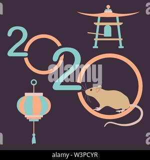Bonne année. Vector illustration avec les numéros de l'année 2020 et le rat. Signe du Zodiaque Rat, symbole de l'année 2020 sur le calendrier chinois. Année du rat. Chinese Illustration de Vecteur
