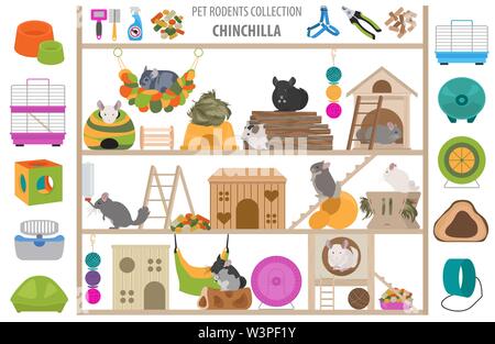 Accessoires pour animaux rongeurs home icon set style plat isolé sur blanc. Collection de soins. Créer propre infographie à propos de cobaye, rat, hamster, chinchilla Illustration de Vecteur