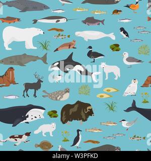 Glace et désert polaire biome. Carte du monde de l'écosystème terrestre. Les animaux de l'Arctique, les oiseaux, les poissons et les plantes seamless pattern design. Vector illustration Illustration de Vecteur