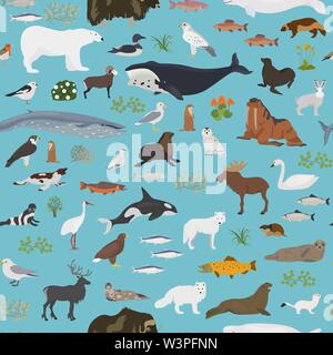 Tundra biome. Carte du monde de l'écosystème terrestre. Les animaux de l'Arctique, les oiseaux, les poissons et les plantes seamless pattern design. Vector illustration Illustration de Vecteur