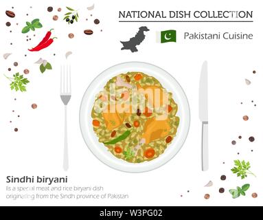 Cuisine pakistanaise. Collection asiatique plat national. La viande et du riz isolé sur blanc, infograpic. Vector illustration Illustration de Vecteur