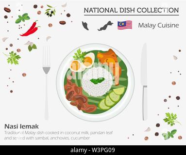 La cuisine malaisienne. Collection asiatique plat national. Nasi lemak isolé sur blanc, infograpic. Vector illustration Illustration de Vecteur