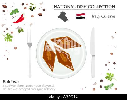 La cuisine de l'Iraq. Moyen Orient plat national collection. Baklava isolé sur blanc, infograpic. Vector illustration Illustration de Vecteur