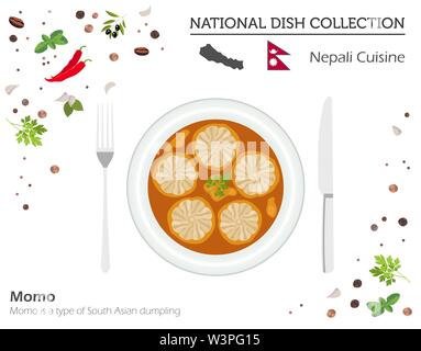 La cuisine népalaise. Collection asiatique plat national. Momo isolé sur blanc, infograpic. Vector illustration Illustration de Vecteur
