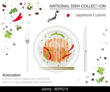 La cuisine japonaise. Collection asiatique plat national. Katsudon isolé sur blanc, infograpic. Vector illustration Illustration de Vecteur