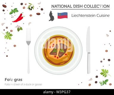 Le Liechtenstein traditionnelle. Plat national européen collection. Foie gras isolé sur blanc, infographie. Vector illustration Illustration de Vecteur