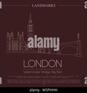 World landmarks. Londres. United Kingdom.L'Abbaye de Westminster, le Bridge, Big Ben. Modèle de graphique. Logos et insignes. Design linéaire. Vector illustration Illustration de Vecteur