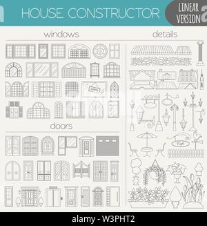 Grand plan de ville créateur. Version Contour. Constructeur de maison. Maison, cafe, restaurant, boutique, industriels, d'infrastructures, transports, village et pays Illustration de Vecteur