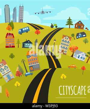 Modèle graphique conceptuel paysage urbain. Urbain, campagne, bâtiments industriels et de scène en plein air. Modèle de graphique. Éléments d'infographie. Vector illu Illustration de Vecteur