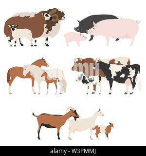 La collection de la famille animall agricoles. Bovins, ovins, porc, cheval, chèvre icon set. Modèle plat. Vector illustration Illustration de Vecteur