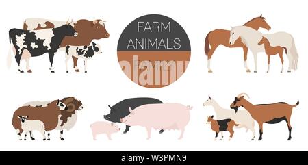 La collection de la famille animall agricoles. Bovins, ovins, porc, cheval, chèvre icon set. Modèle plat. Vector illustration Illustration de Vecteur