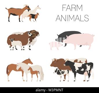 La collection de la famille animall agricoles. Bovins, ovins, porc, cheval, chèvre icon set. Modèle plat. Vector illustration Illustration de Vecteur