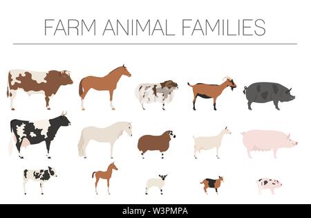 La collection de la famille animall agricoles. Bovins, ovins, porc, cheval, chèvre icon set. Modèle plat. Vector illustration Illustration de Vecteur