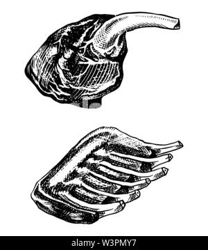 La viande grillée, Installations pour Barbecue côtes levées de porc et de boeuf de la jambe. Barbecue dans le style vintage. Modèle de menu de restaurant, emblème ou logo. Croquis dessinés à la main. Illustration de Vecteur