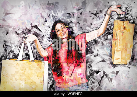 Amélioration de l'image numériquement Happy young female shopper carrying shopping bags Banque D'Images