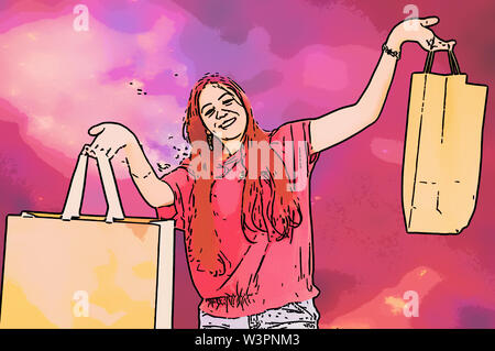 Amélioration de l'image numériquement Happy young female shopper carrying shopping bags Banque D'Images