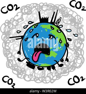 Terre le réchauffement de la planète qui souffre de fondre en milieu de dioxyde de carbone - hand drawn vector cartoon Illustration de Vecteur