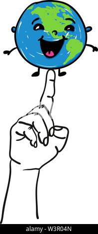 Happy smiling earth globe assis sur une main pointée pour heureux le jour de la Terre - hand drawn vector illustration Illustration de Vecteur