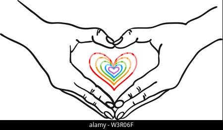 Forme de coeur mains formant autour d'un cœur romantique colorés - hand drawn vector illustration - Convient pour la Saint Valentin, mariage, fiançailles, cartes d'amour Illustration de Vecteur