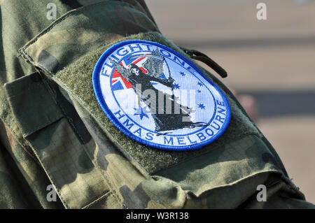 Combinaison de vol pilote patch. Badge velcro à l'épaule. HMAS Melbourne Flight One, avec Grim Reaper. HMAS Melbourne Adelaide-classe frégate lance-missiles Banque D'Images