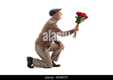 Longueur totale d'un homme à genoux hauts avec un bouquet de roses isolé sur fond blanc Banque D'Images