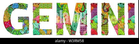 La conception de l'art peint à la main. Illustration dessinés à la main, mot pour Gemini t-shirt et autre décoration Illustration de Vecteur