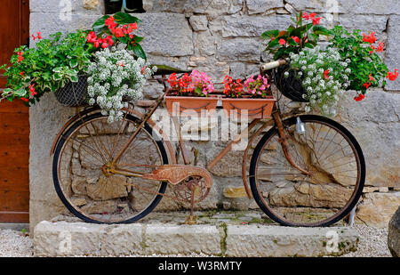 Paniers suspendus sur de vieux vélos rouillés, vallée du Lot, France Banque D'Images