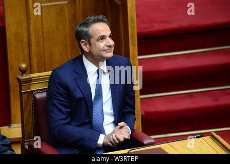 Athènes, Grèce. 17 juillet, 2019. Le Premier ministre grec Kyriakos Mitsotakis au parlement hellénique pour la cérémonie du serment. Credit : Dimitrios Karvountzis/Pacific Press/Alamy Live News Banque D'Images