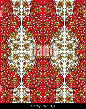 Imprimé sur bois motif ethnique florale. Ornement oriental traditionnel de l'Inde, motif fleur Garland, orange, rouge et vert sur des tons ecru ba Illustration de Vecteur