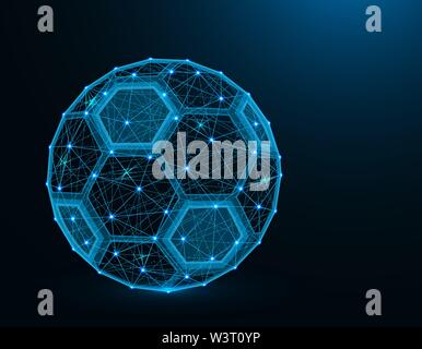 Ballon de soccer faible modèle poly jeu de sport, football, graphiques abstraits wireframe polygonale vector illustration sur fond bleu foncé Illustration de Vecteur