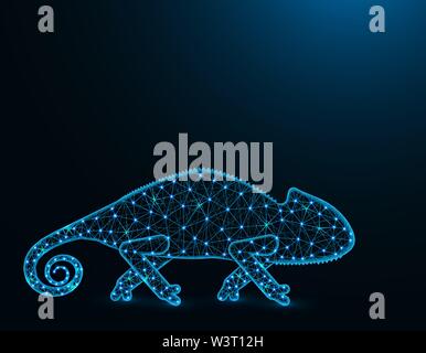 Caméléon lézard low poly, modèle animal d'Afrique résumé graphiques, wireframe polygonale reptile vector illustration sur fond bleu foncé Illustration de Vecteur
