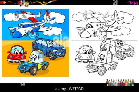 Cartoon Illustration d'avions et de voitures à colorier Groupe Caractères Worksheet Illustration de Vecteur