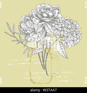 Bouquet. Les fleurs du printemps et de brindilles. Les Pivoines, Hortensia, Rose. Vintage illustration botanique. Le noir et blanc ensemble d'encombrement barbeaux, floral elemen Banque D'Images