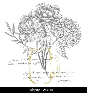 Bouquet. Les fleurs du printemps et de brindilles. Les Pivoines, Hortensia, Rose. Vintage illustration botanique. Le noir et blanc ensemble d'encombrement barbeaux, floral elemen Banque D'Images