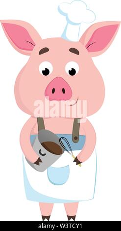 Une happy chef pig portant un tablier et un chapeau de chef, Scénario, dessin en couleur ou d'illustration. Illustration de Vecteur