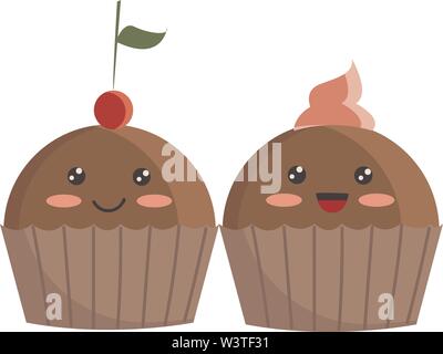 Une caricature d'un adorable 2 muffins avec des yeux pétillants, joues roses, une cerise et une crème garniture, Scénario, dessin en couleur ou d'illustration. Illustration de Vecteur