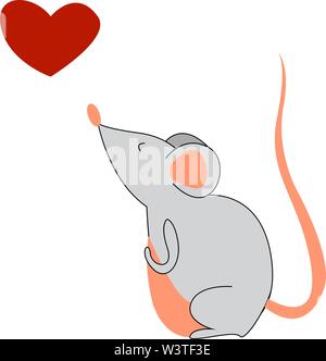 Une souris grise avec une queue marron et un gros cœur rouge, Scénario, dessin en couleur ou d'illustration. Illustration de Vecteur