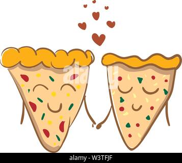 Deux pièces d'une holding pizza part en amour, Scénario, dessin en couleur ou d'illustration. Illustration de Vecteur