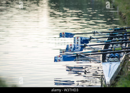 Cambridge UK, 2019-07-17. L'homme 8 l'aviron bateau amarré sur les bords de la rivière au cours de l'assemblée annuelle tenue bosses ville sur la rivière cam Banque D'Images